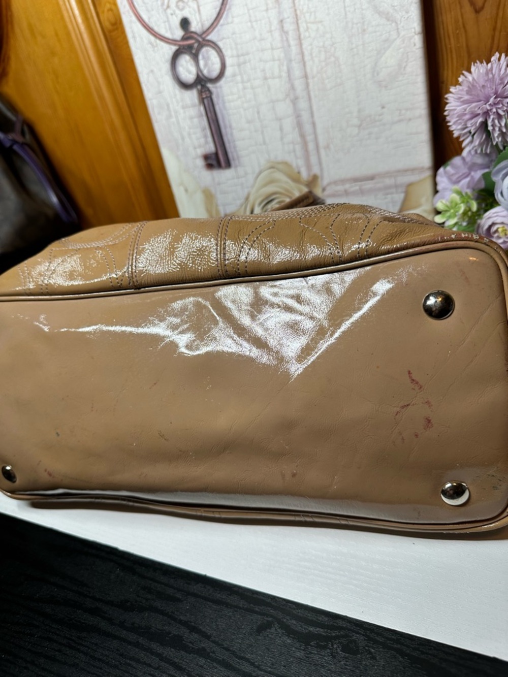 Coach Beige Patent Leather Tote with Signature Stitching - Picture 14 of 16